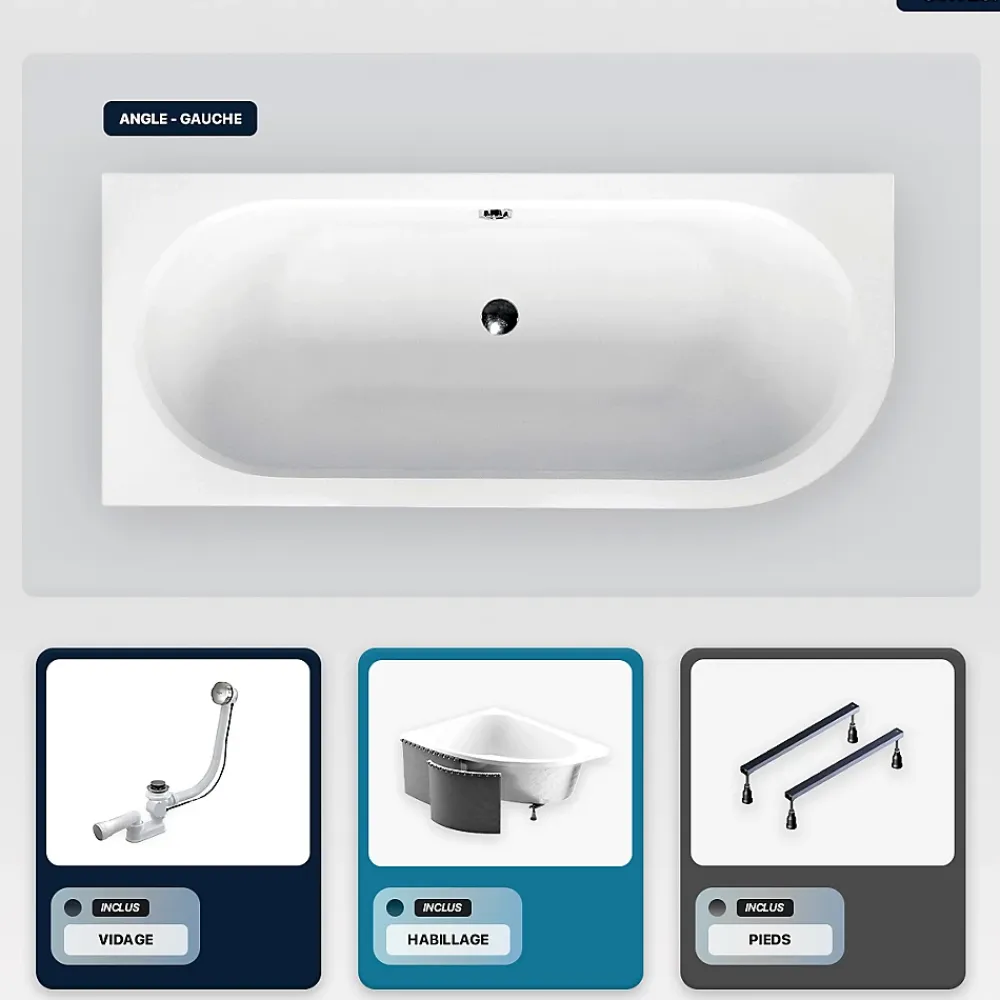 Besco Baignoire asymétrique - 180 x 80 cm - Gauche - avec Habillage - Pieds - Vidage Chrome - AVITA SLIM