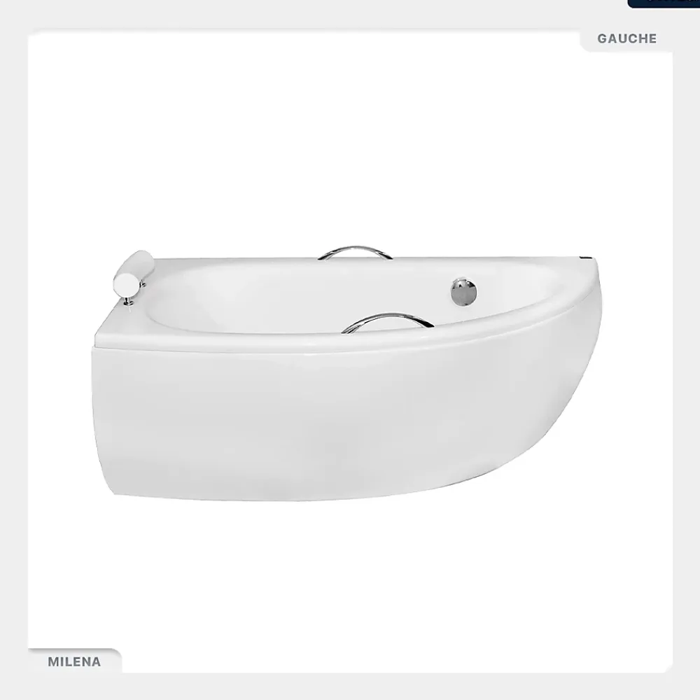 Besco Baignoire asymétrique - 150 x 70 cm - Gauche - avec Habillage - Pieds - Poignées - Repose-tête - Vidage Chrome - MILENA PREMIUM
