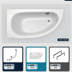 Baignoire Asymétrique|Besco Baignoire asymétrique - 150 x 70 cm - Gauche - avec Tablier - Pieds - Vidage Chrome - MILENA