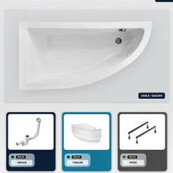 Besco Baignoire asymétrique - 140 x 70 cm - Gauche - avec Tablier - Pieds - Vidage Chrome - PRAKTIKA