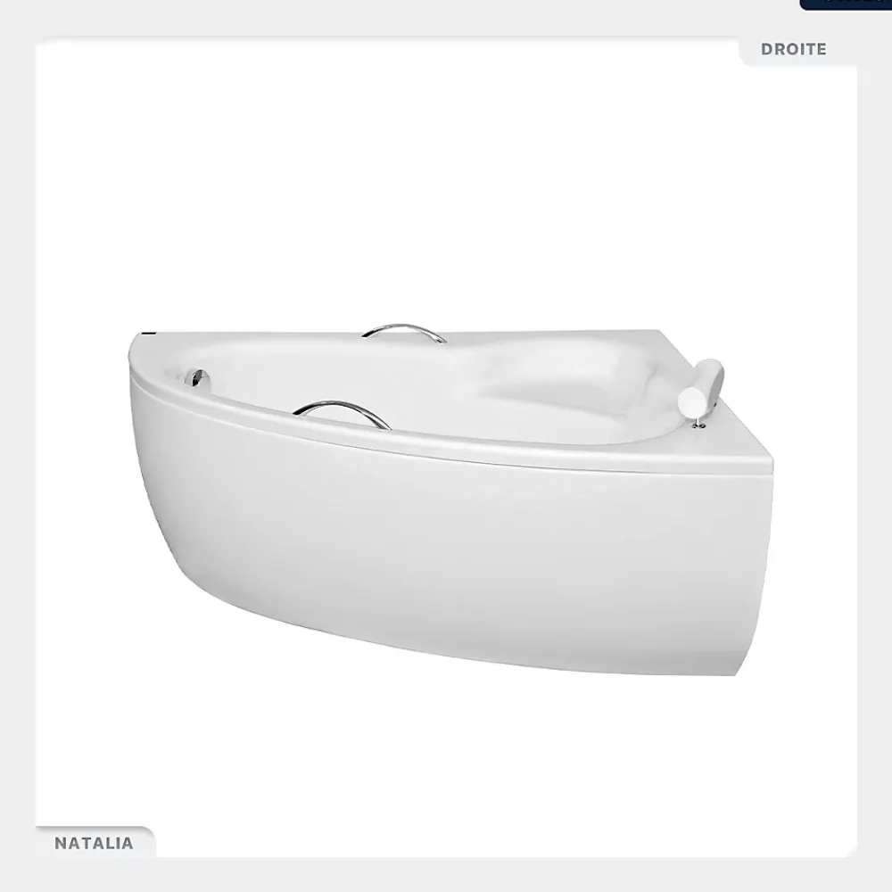 Besco Baignoire asymétrique - 150 x 100 cm - Droite - avec Habillage - Pieds - Poignées - Repose-tête - Vidage Chrome - NATALIA PREMIUM