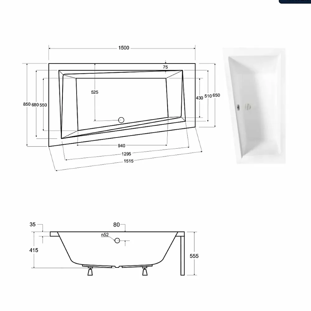 Besco Baignoire asymétrique - 150 x 85 cm - Gauche - sans Habillage - avec Pieds - Vidage Chrome - INTIMA