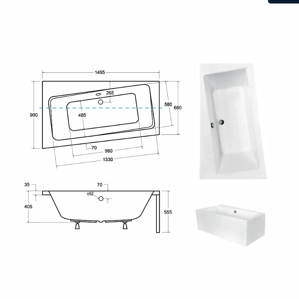 Baignoire Asymétrique|Besco Baignoire asymétrique - 150 x 90 cm - Gauche - sans Habillage - avec Pieds - Vidage Chrome - INFINITY