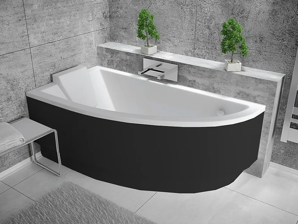 Besco Baignoire asymétrique + tablier noir + repose tête - PRAKTIKA - 150 x 70 cm - Gauche