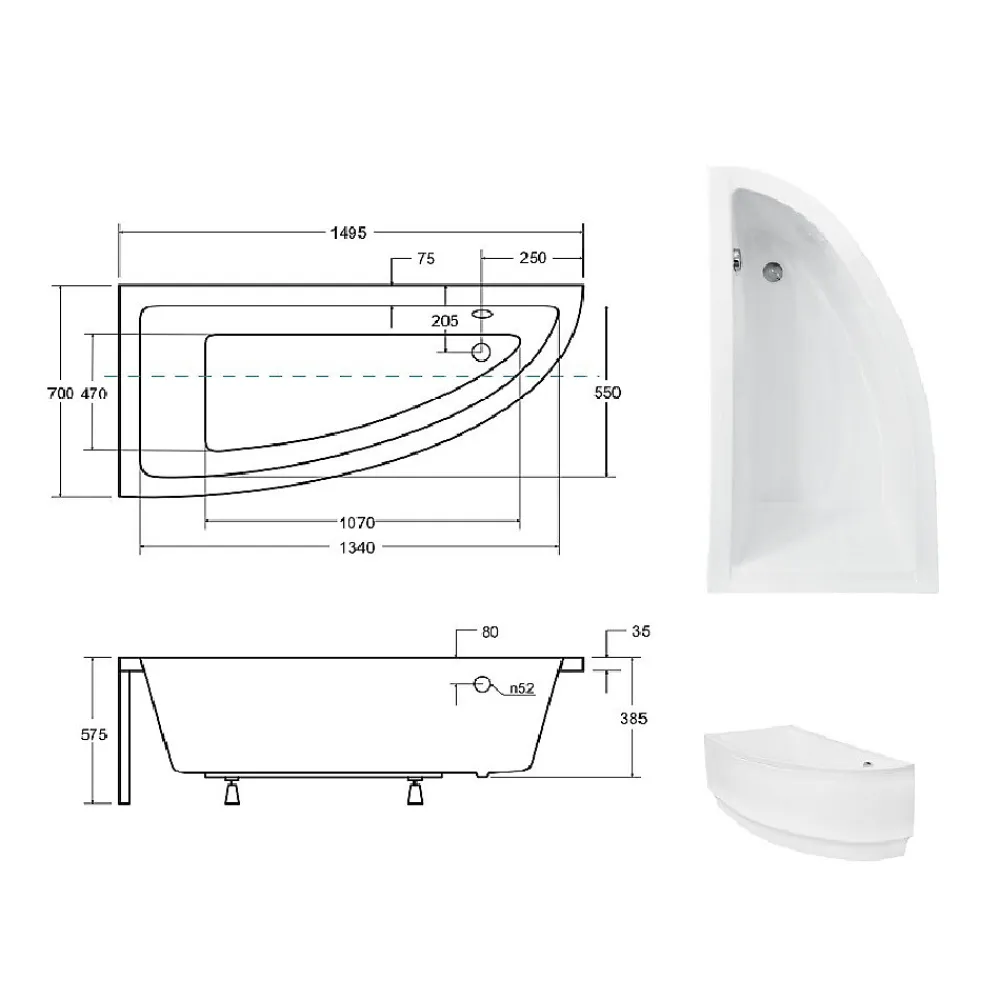 Besco Baignoire asymétrique + tablier noir + repose tête - PRAKTIKA - 150 x 70 cm - Gauche