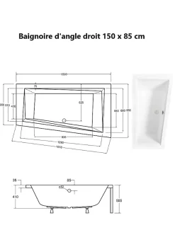 Besco Baignoire asymétrique + tablier noir + repose tête - INTIMA - 150 x 85 cm - Droite