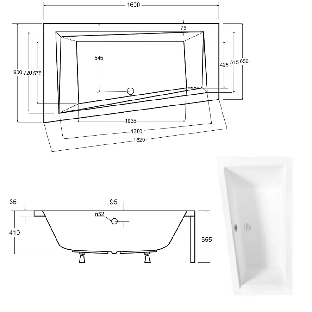 Baignoire Asymétrique|Besco Baignoire asymétrique + tablier blanc + repose tête - INTIMA - 160 x 90 cm - Gauche