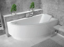 Besco Baignoire asymétrique + tablier blanc + repose tête - PRAKTIKA - 140 x 70 cm - Droite