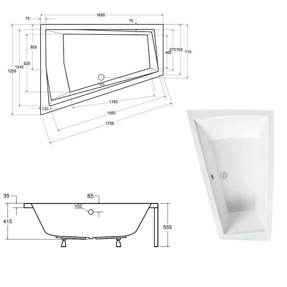 Baignoire Asymétrique|Besco Baignoire asymétrique + tablier blanc + repose tête - INTIMA DUO - 170 x 125 cm - Gauche