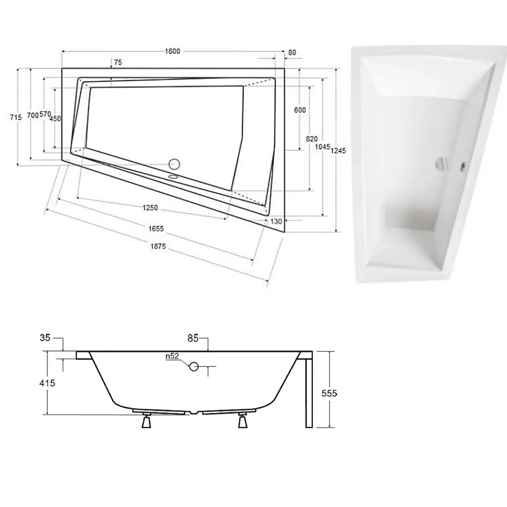 Besco Baignoire asymétrique + tablier blanc + repose tête - INTIMA DUO - 180 cm x 125 cm - Droite
