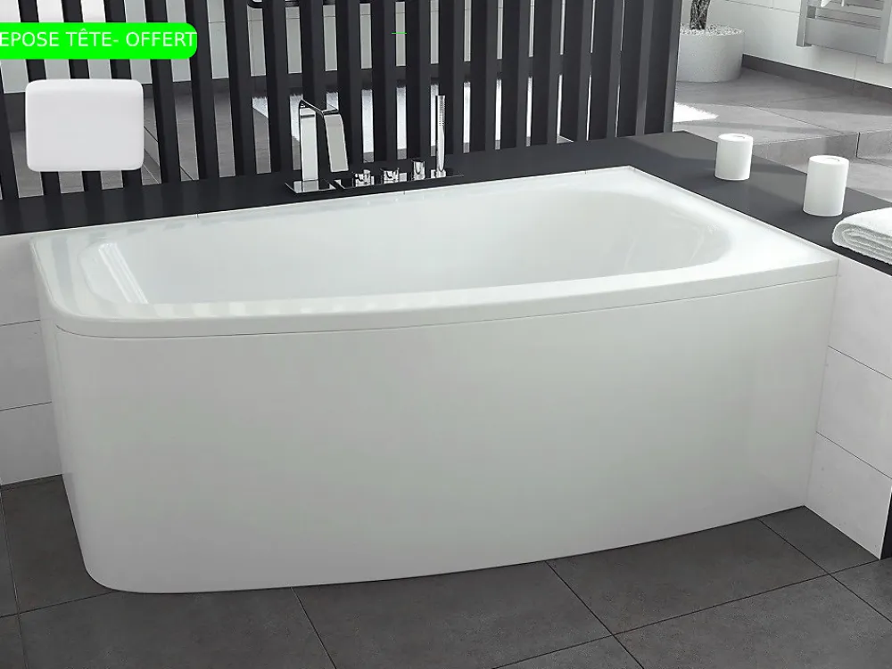 Baignoire Asymétrique|Besco Baignoire asymétrique + tablier blanc + repose tête - LUNA - 150 x 80 cm - Droite