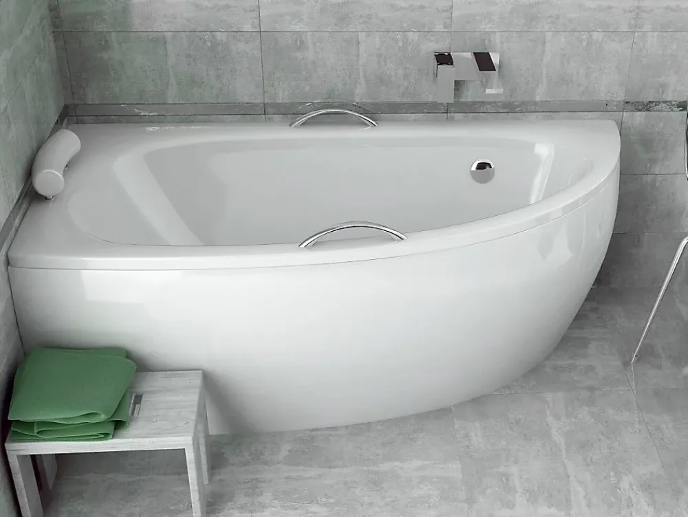 Besco Baignoire asymétrique + tablier blanc + repose tête + poignées - MILENA PREMIUM - 150 x 70 cm - Droite