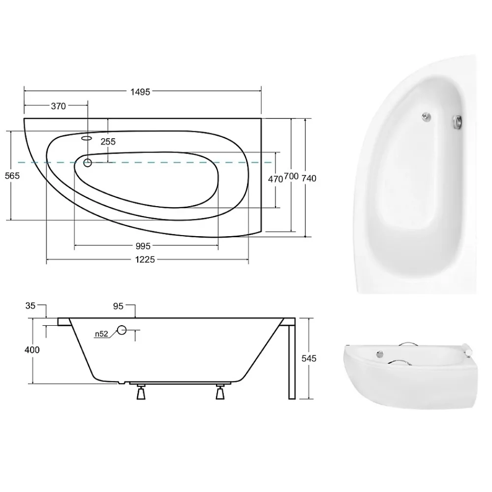 Besco Baignoire asymétrique + tablier blanc + repose tête + poignées - MILENA PREMIUM - 150 x 70 cm - Droite