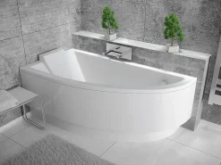 Baignoire Asymétrique|Besco Baignoire asymétrique + tablier blanc + repose tête - PRAKTIKA - 150 x 70 cm - Gauche