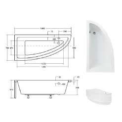 Baignoire Asymétrique|Besco Baignoire asymétrique + tablier blanc + repose tête - PRAKTIKA - 150 x 70 cm - Gauche