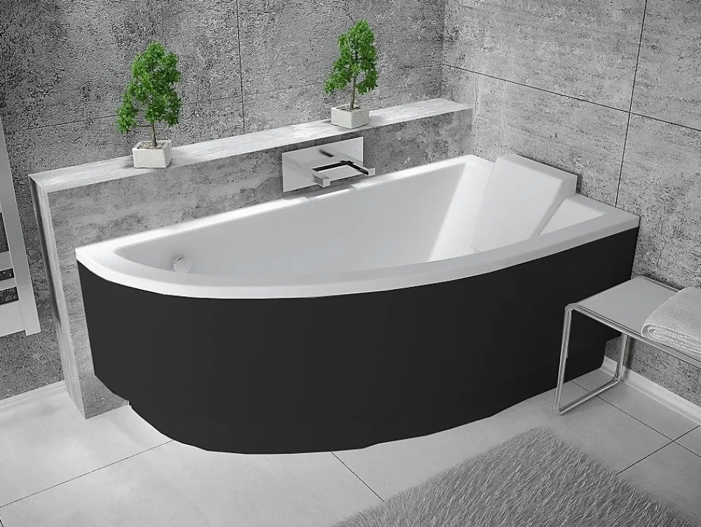 Baignoire Asymétrique|Besco Baignoire asymétrique + tablier noir + repose tête - PRAKTIKA - 150 x 70 cm - Droite