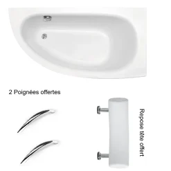 Besco Baignoire asymétrique + tablier blanc + repose tête + poignées - MILENA PREMIUM - 150 x 70 cm - Gauche