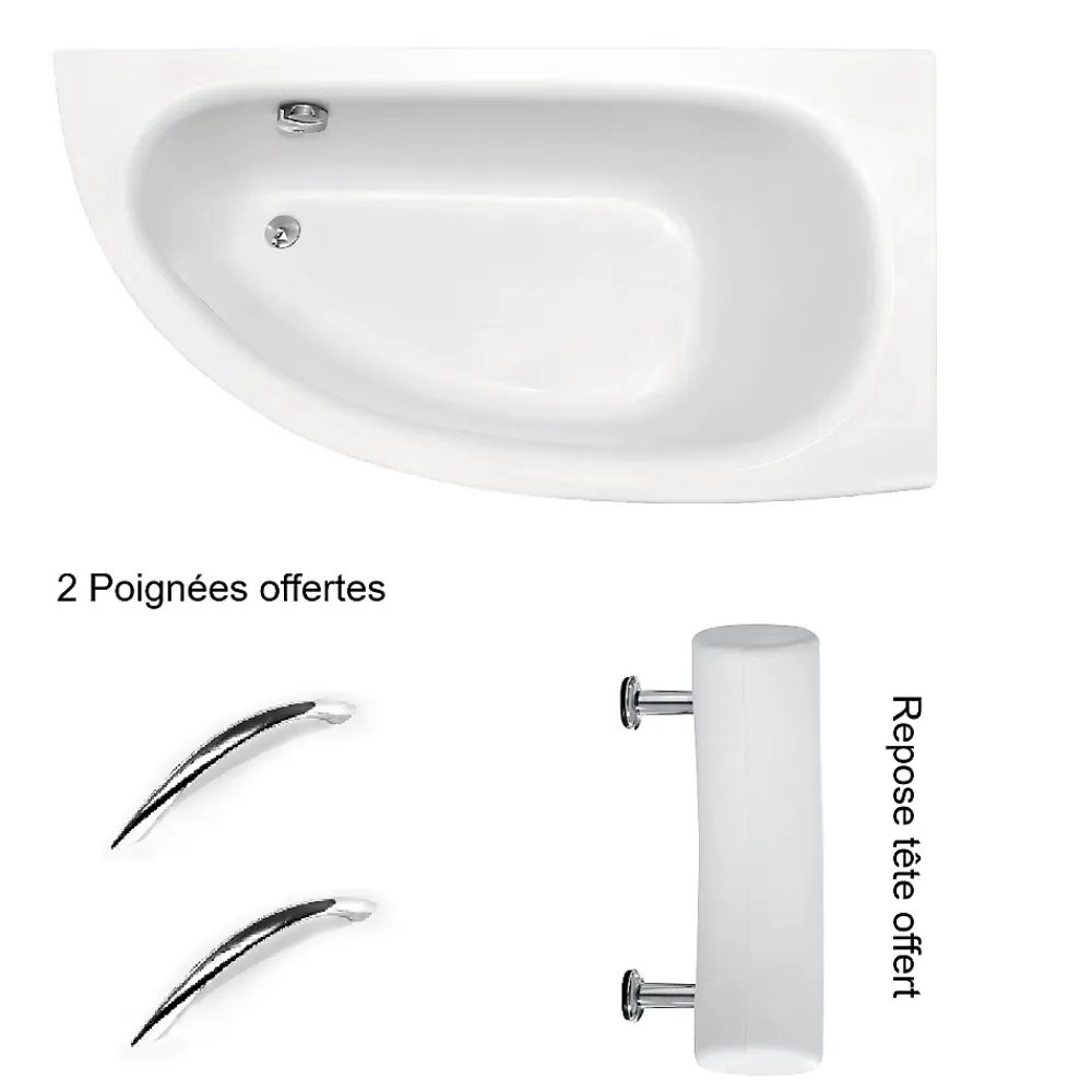 Besco Baignoire asymétrique + tablier blanc + repose tête + poignées - MILENA PREMIUM - 150 x 70 cm - Gauche
