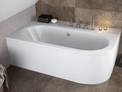 Baignoire D'Angle|Badland Baignoire asymétrique 170 x 75 Gauche AVITA acrylique blanc + avec Tablier + Pieds + Vidage à chromé