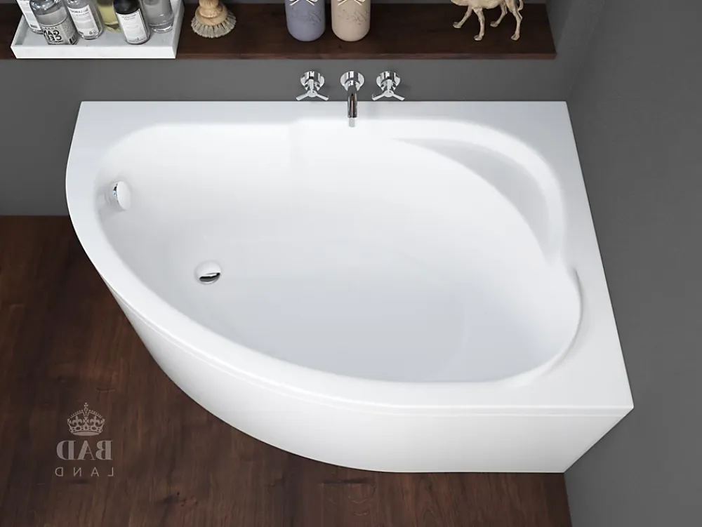 Baignoire D'Angle|Badland Baignoire asymétrique 130 x 85 Droite STANDARD acrylique blanc + avec Tablier + Pieds + Vidage à chromé