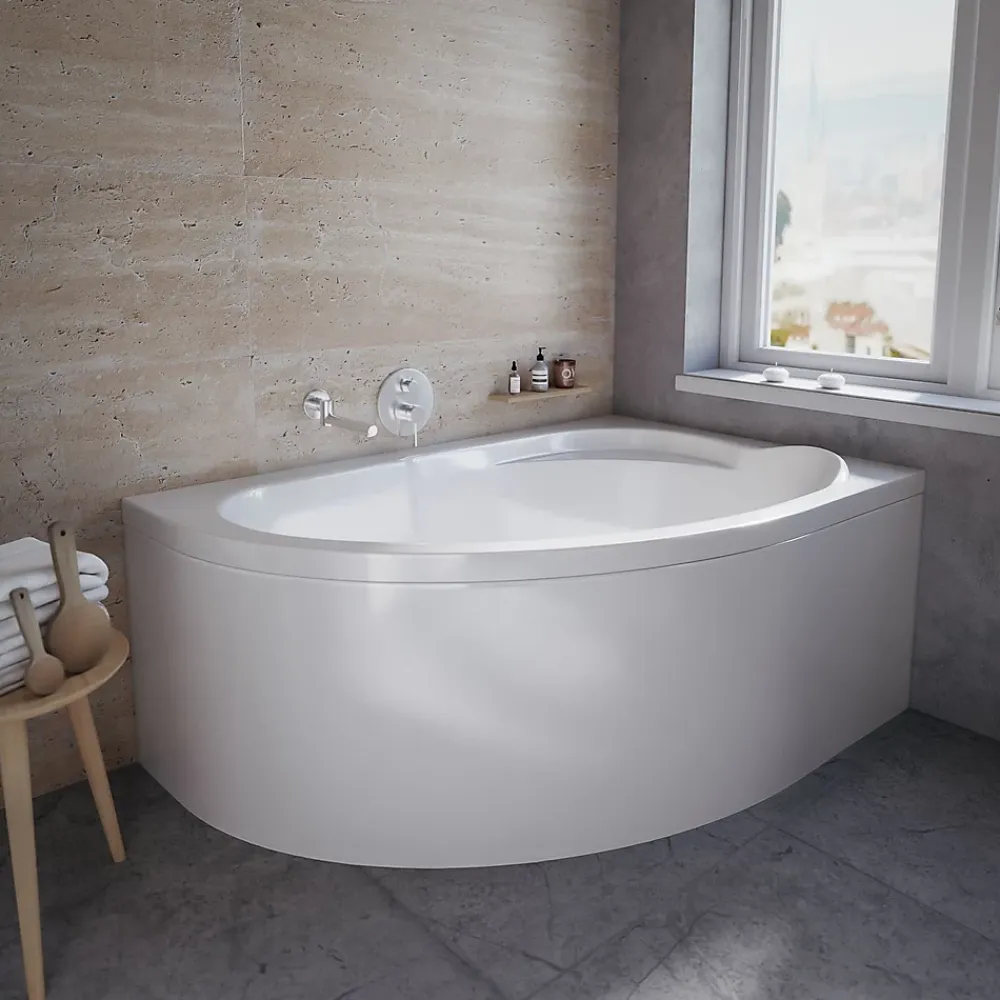Baignoire D'Angle|Badland Baignoire asymétrique 130 x 85 Droite STANDARD acrylique blanc + avec Tablier + Pieds + Vidage à chromé