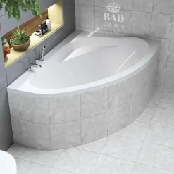 Baignoire D'Angle|Badland Baignoire asymétrique 160 x 100 Droite MAREA acrylique blanc + Habillage en polystyrène + Pieds + Vidage à chromé