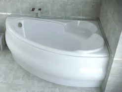 Baignoire D'Angle|Badland Baignoire asymétrique 140 x 95 Droite FINEZJA acrylique blanc + avec Tablier + Pieds + Vidage à chromé