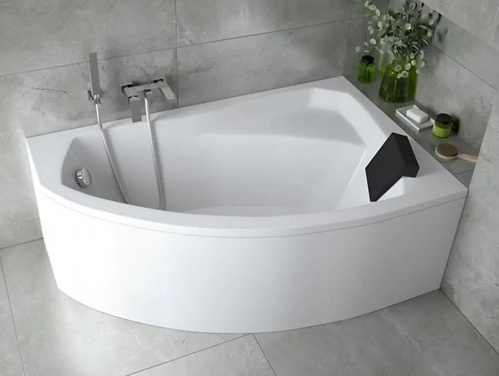 Baignoire D'Angle|Badland Baignoire asymétrique 130 x 85 Droite RIMA acrylique blanc + avec Tablier + Repose Tête + Pieds + Vidage à chromé