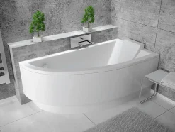 Baignoire D'Angle|Badland Baignoire asymétrique 150 x 70 Droite PRAKTIKA acrylique blanc + avec Tablier + Pieds + Vidage à chromé