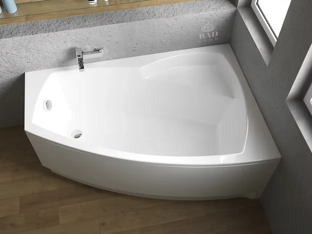 Baignoire D'Angle|Badland Baignoire asymétrique 150 x 90 Droite FRIDA acrylique blanc, sans Habillage + Pieds + Vidage à chromé