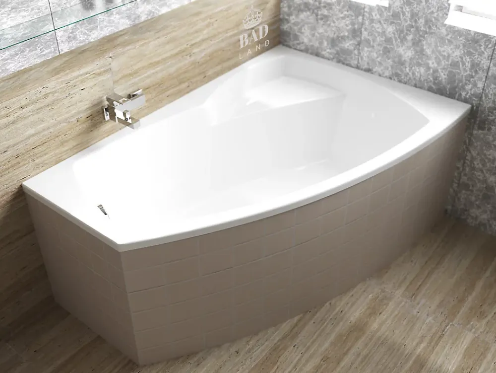 Baignoire D'Angle|Badland Baignoire asymétrique 150 x 90 Droite FRIDA acrylique blanc, sans Habillage + Pieds + Vidage à chromé