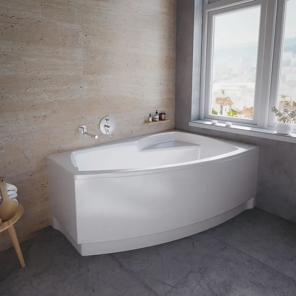 Baignoire D'Angle|Badland Baignoire asymétrique 150 x 90 Droite FRIDA acrylique blanc, sans Habillage + Pieds + Vidage à chromé