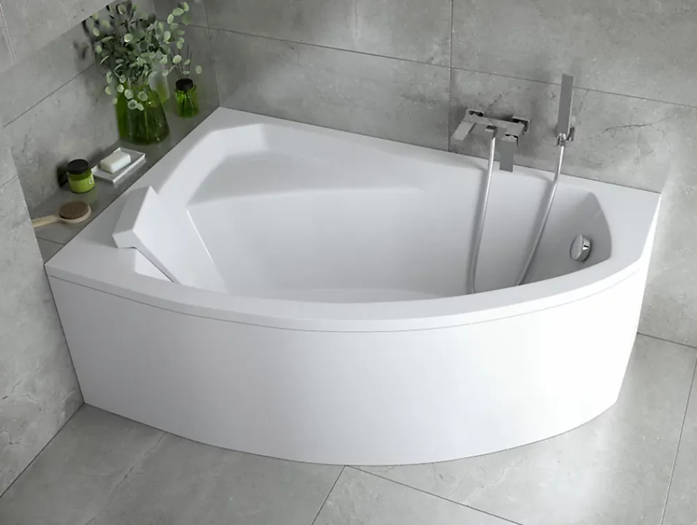 Baignoire D'Angle|Badland Baignoire asymétrique 130 x 85 Gauche RIMA acrylique blanc + avec Tablier + Repose Tête + Pieds + Vidage à chromé