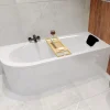 Baignoire D'Angle|Badland Baignoire asymétrique 160 x 75 Droite AVITA acrylique blanc, sans Habillage + Étagère bambou + Pieds + Vidage à chromé