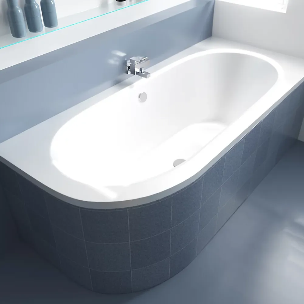 Baignoire D'Angle|Badland Baignoire asymétrique 170 x 75 Droite AVITA acrylique blanc + Habillage en polystyrène + Pieds + Vidage à chromé