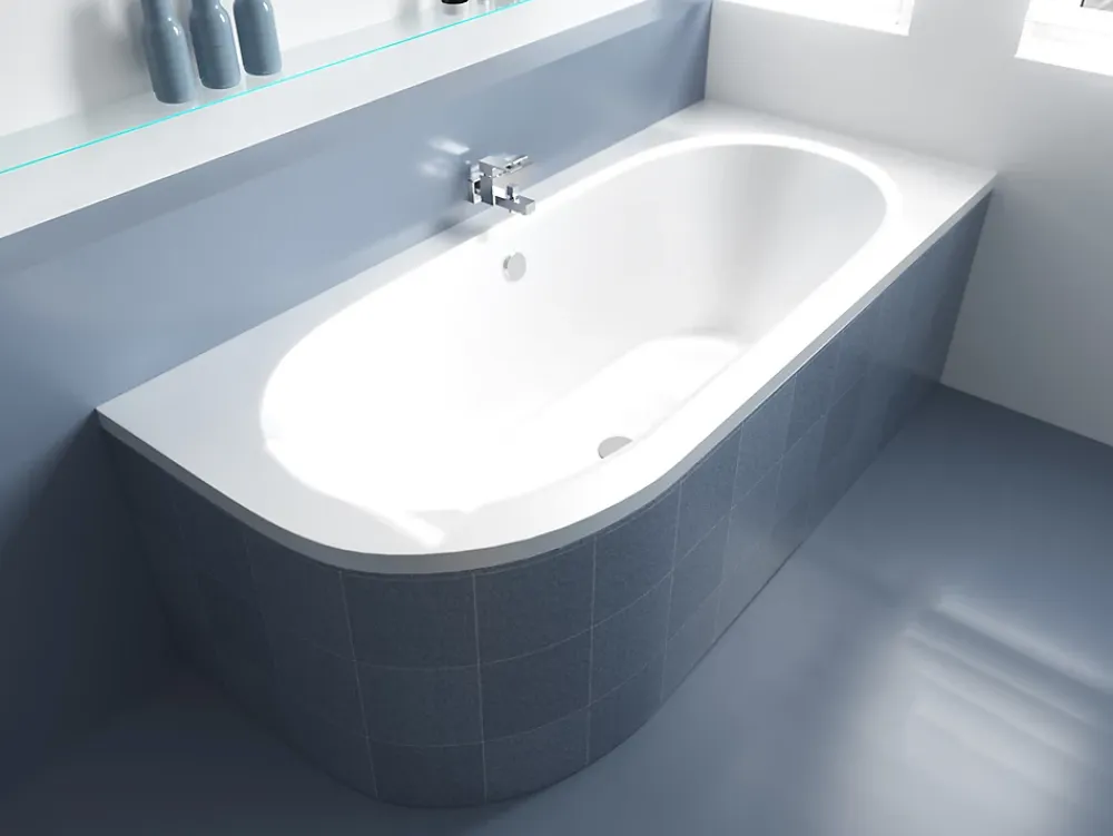 Baignoire D'Angle|Badland Baignoire asymétrique 170 x 75 Droite AVITA acrylique blanc + Habillage en polystyrène + Pieds + Vidage à chromé