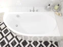 Baignoire D'Angle|Badland Baignoire asymétrique 140 x 70 Droite MIKI acrylique blanc, sans Habillage + Pieds + Vidage à chromé
