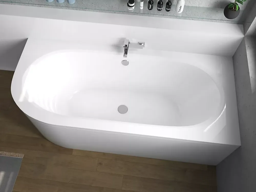 Baignoire D'Angle|Badland Baignoire asymétrique 170 x 75 Droite AVITA acrylique blanc + avec Tablier + Pieds + Vidage à chromé