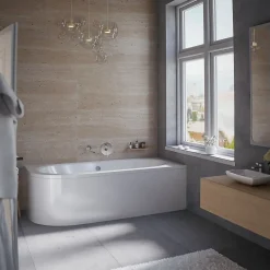 Baignoire D'Angle|Badland Baignoire asymétrique 170 x 75 Droite AVITA acrylique blanc + avec Tablier + Pieds + Vidage à chromé