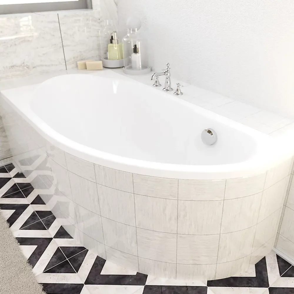 Baignoire D'Angle|Badland Baignoire asymétrique 140 x 70 Gauche MIKI acrylique blanc + Habillage en polystyrène + Pieds + Vidage à chromé