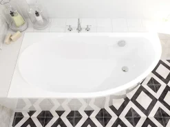 Baignoire D'Angle|Badland Baignoire asymétrique 140 x 70 Gauche MIKI acrylique blanc + Habillage en polystyrène + Pieds + Vidage à chromé