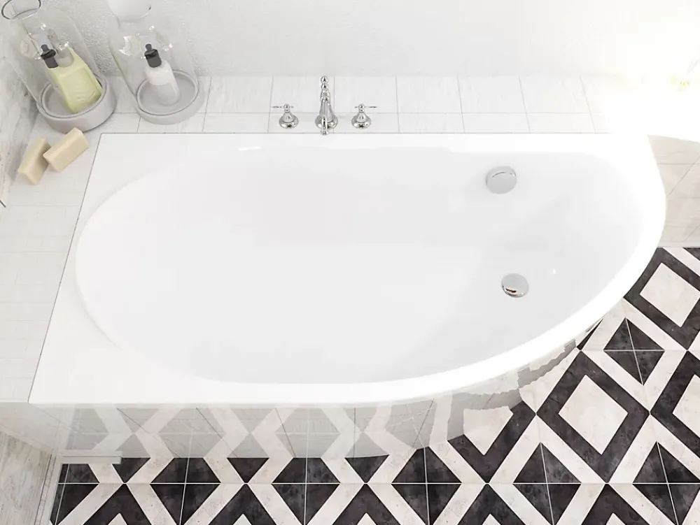 Baignoire D'Angle|Badland Baignoire asymétrique 140 x 70 Gauche MIKI acrylique blanc + Habillage en polystyrène + Pieds + Vidage à chromé