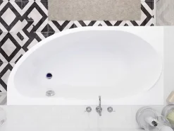 Baignoire D'Angle|Badland Baignoire asymétrique 140 x 70 Gauche MIKI acrylique blanc + Habillage en polystyrène + Pieds + Vidage à chromé