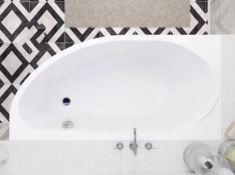 Baignoire D'Angle|Badland Baignoire asymétrique 140 x 70 Gauche MIKI acrylique blanc + Habillage en polystyrène + Pieds + Vidage à chromé