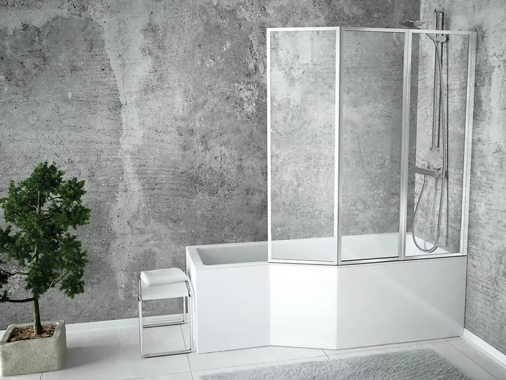 Baignoire D'Angle|Badland Baignoire asymétrique 170 x 75 Droite INTEGRA acrylique blanc + Habillage en polystyrène + Écran + Pieds + Vidage à chromé
