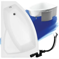 Baignoire D'Angle|Badland Baignoire asymétrique 140 x 90 Gauche RIMA acrylique blanc + Habillage en polystyrène + Pieds + Vidage à chromé