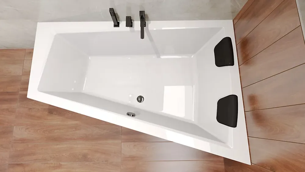 Badland Baignoire asymétrique 180 x 125 Droite INTIMA acrylique blanc, sans Habillage + Étagère bambou + Pieds + Vidage à chromé