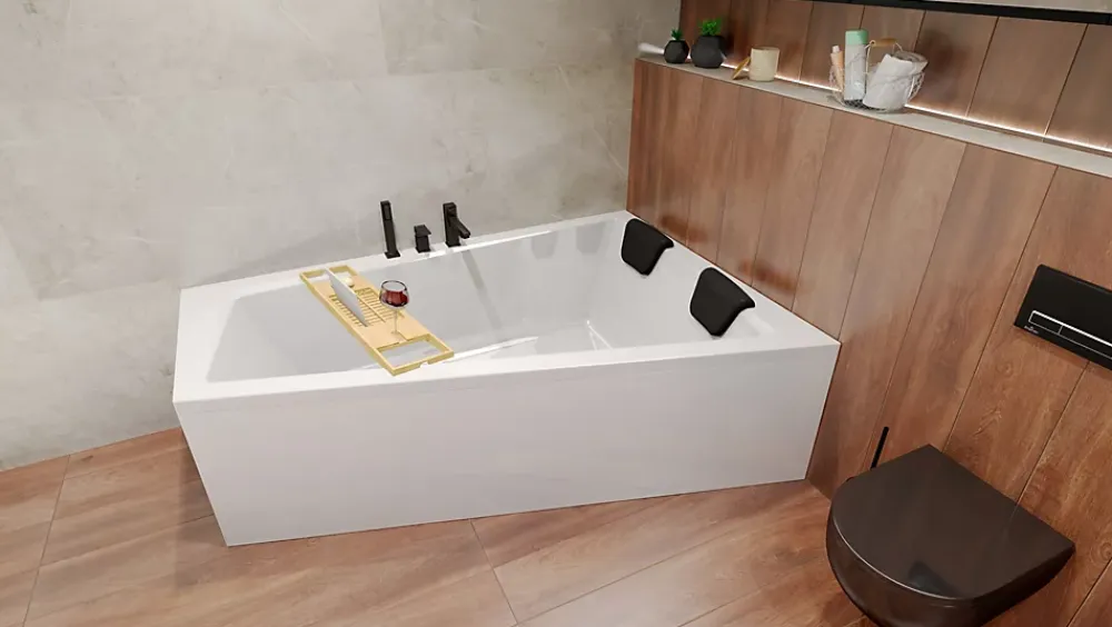 Badland Baignoire asymétrique 180 x 125 Droite INTIMA acrylique blanc, sans Habillage + Étagère bambou + Pieds + Vidage à chromé