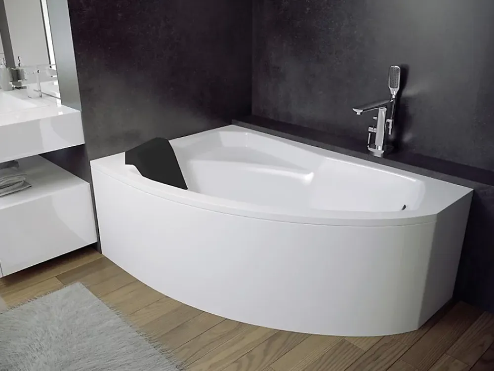 Baignoire D'Angle|Badland Baignoire asymétrique 150 x 95 Gauche RIMA acrylique blanc + Habillage en polystyrène + Repose Tête + Pieds + Vidage à chromé