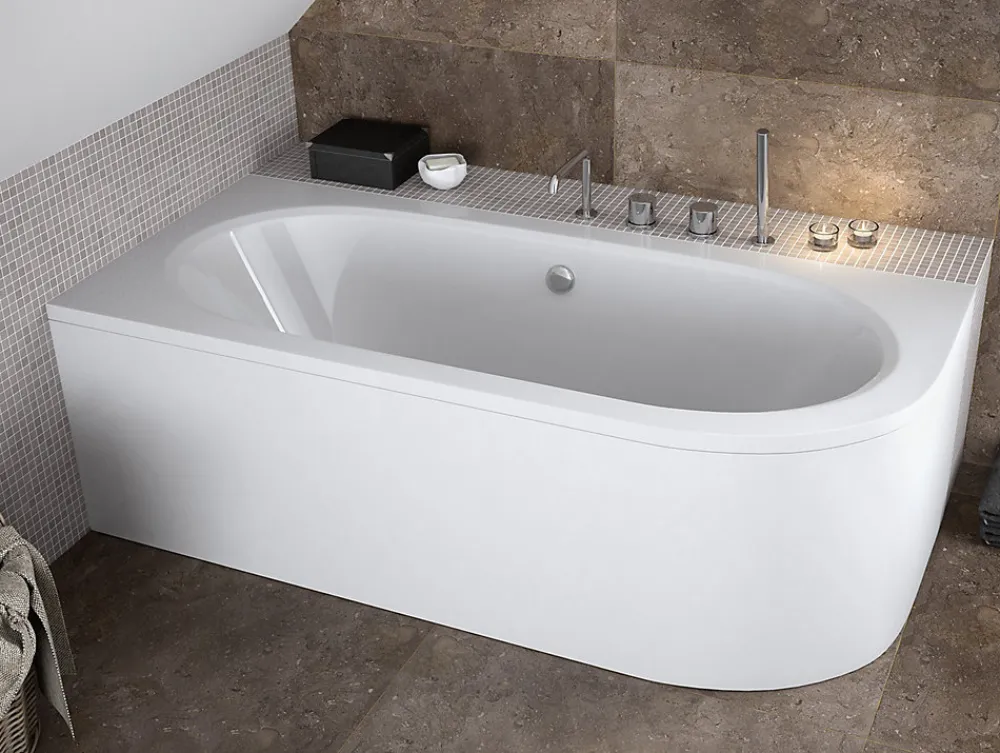 Baignoire D'Angle|Badland Baignoire asymétrique 170 x 75 Gauche AVITA acrylique blanc, sans Habillage + Pieds + Vidage à chromé